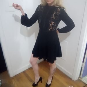 Gothic black high neck lace pattern flare dress flounce